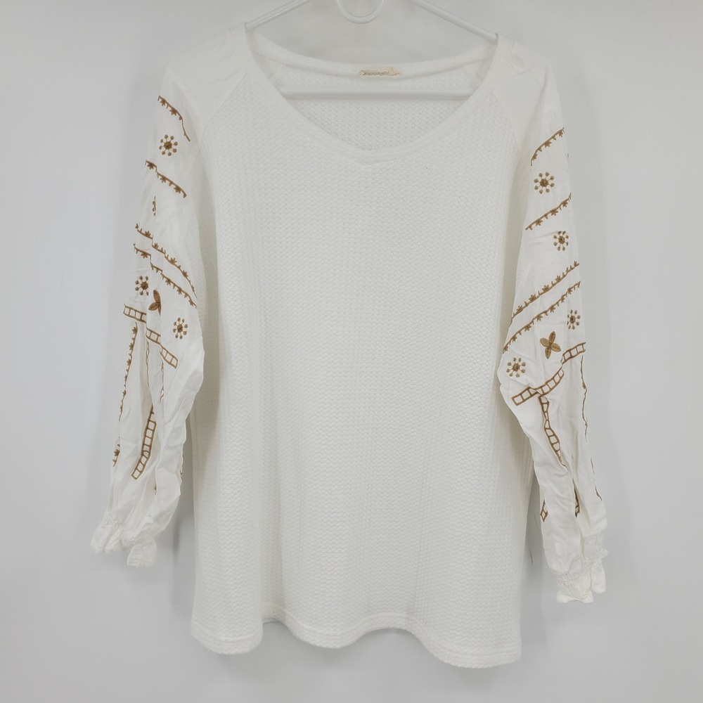 Andthewhy White Waffle Knit Embroidered Balloon Sleeve Top L Boho Peasant Folk